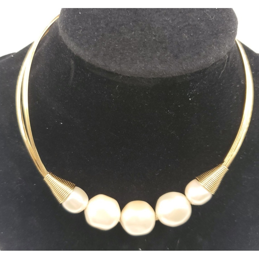 Vintage 1980s Gold Tone Multi Wire Torque Collar Faux Baroque Pearl Necklace